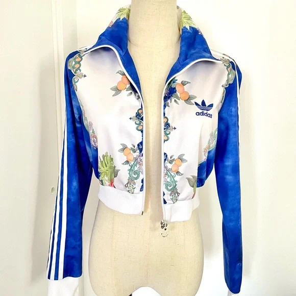 Adidas Women's Blue Floral Jacket cropped - Picture 7 of 13